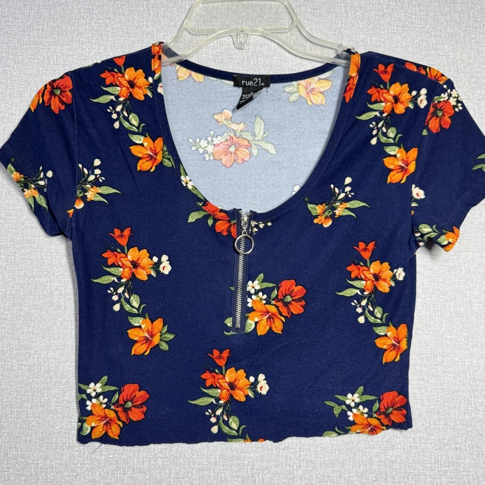 Rue21 Shirt Juniors Small Blue Floral Scoop Neck Zip Front Cropped Top Stretch
